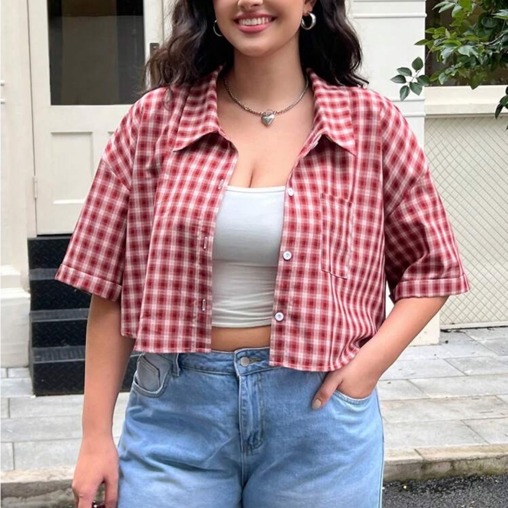 Plaid Button-Up Red Top - Picture 6 of 6